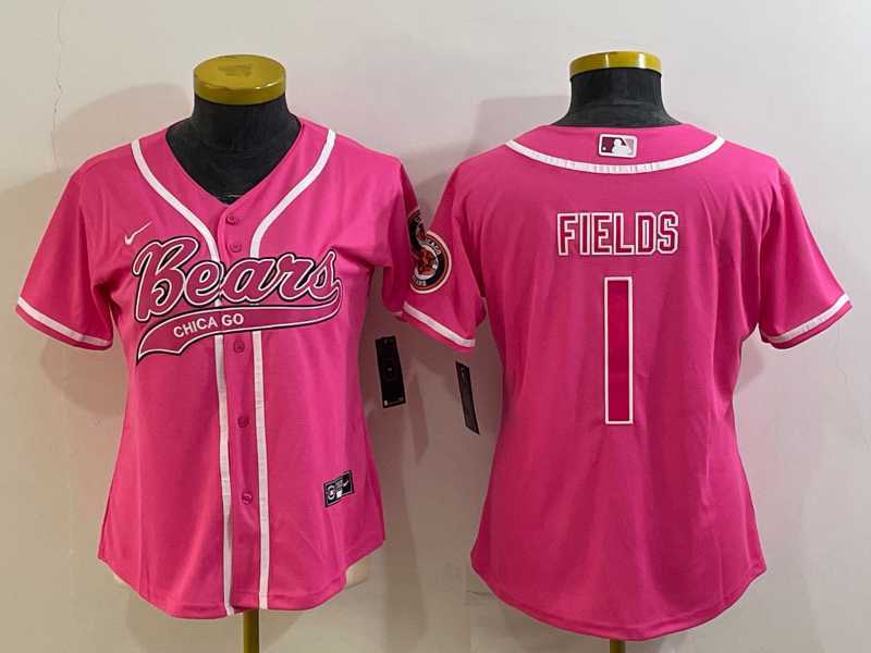 Womens Chicago Bears #1 Justin Fields Pink With Patch Cool Base Stitched Baseball Jersey->women nfl jersey->Women Jersey